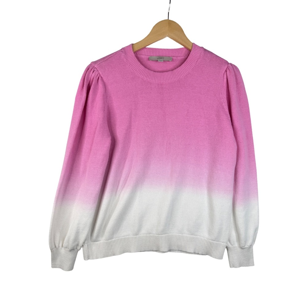 LOFT Crewneck‎ Dip Dye Puff Sleeve Sweater size XL Pink/White